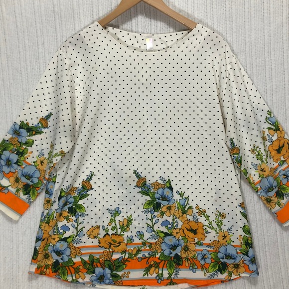 Tops - Floral Polka Dot Blouse 3/4 Sleeve Orange Trim Top Bohemian Chic Size Large
